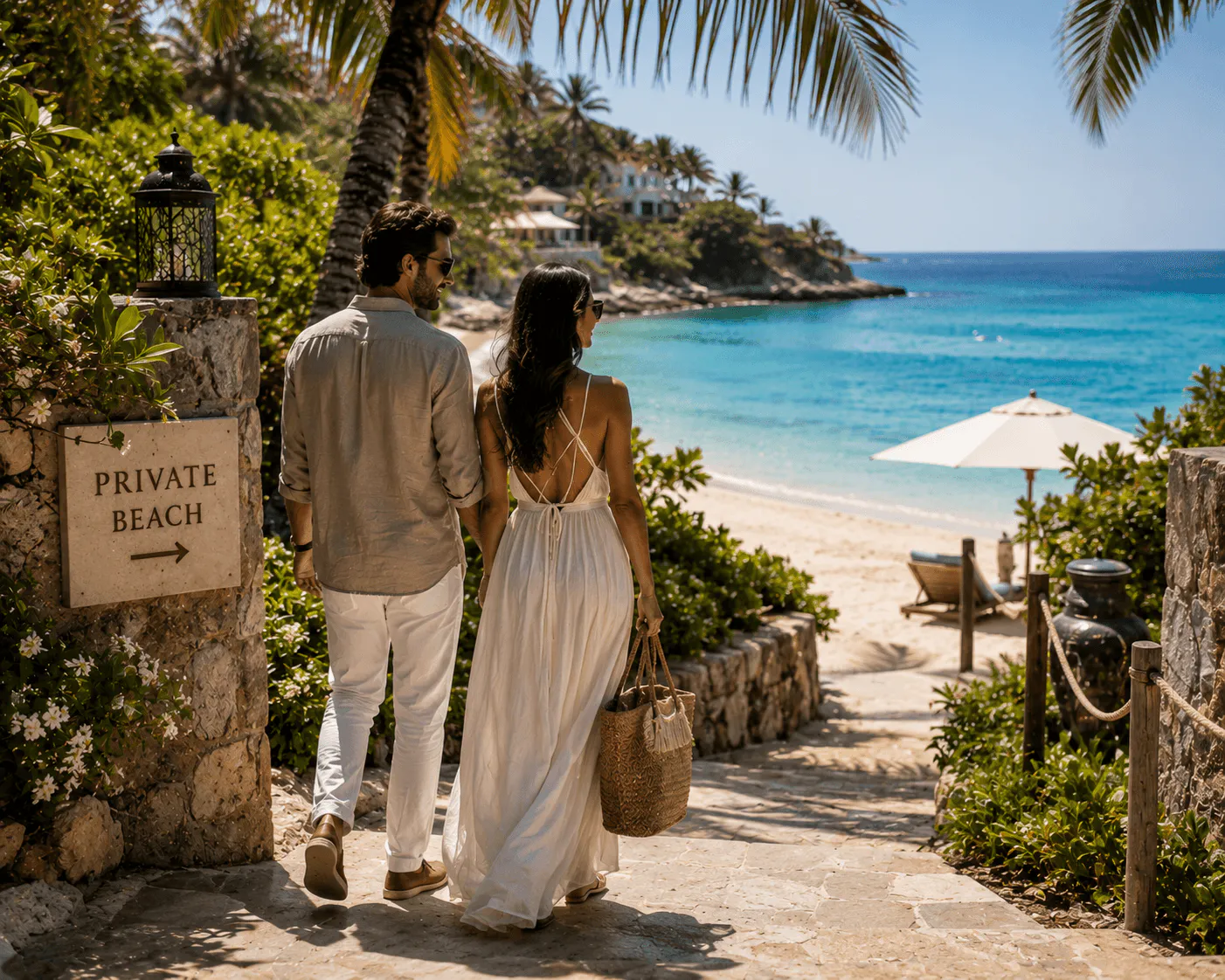 A couple walking to the private beach